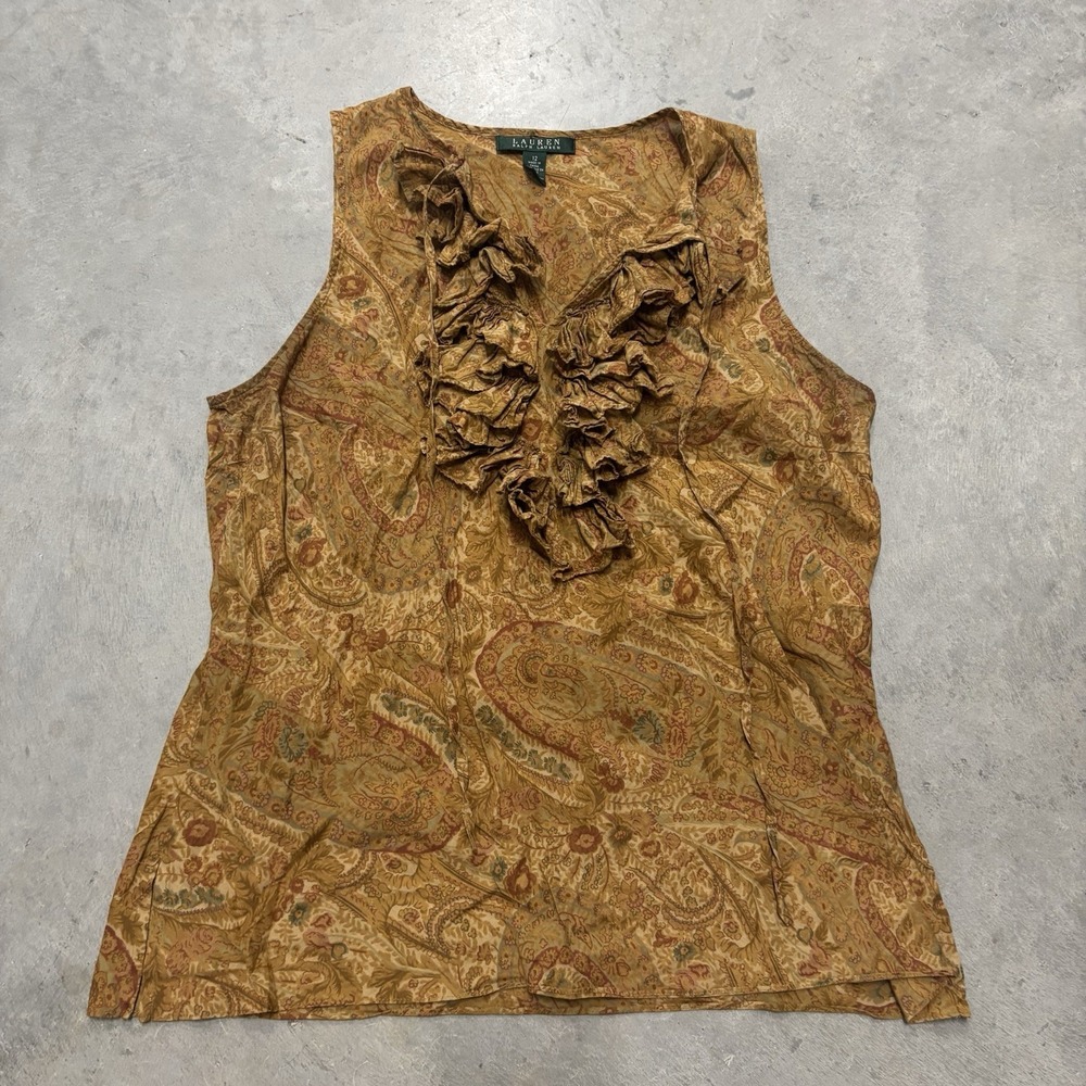 LRL Lauren Ralph Floral Paisley Ruffle V-Neck Sleeveless Tank Top Womens Size 12